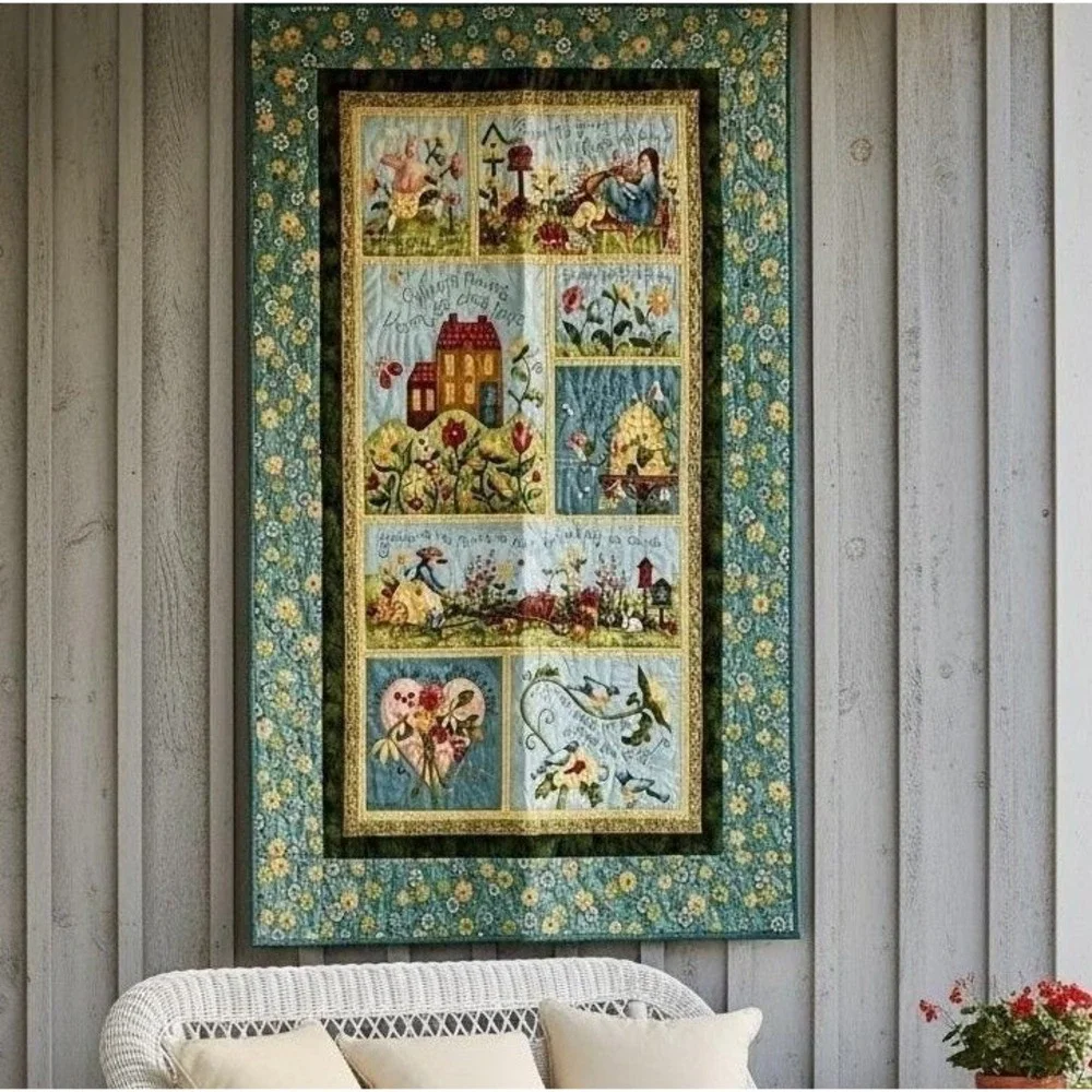 Cottagecore Garden Story Quilt Wall‎ Hanging Embroidered Floral 30x50